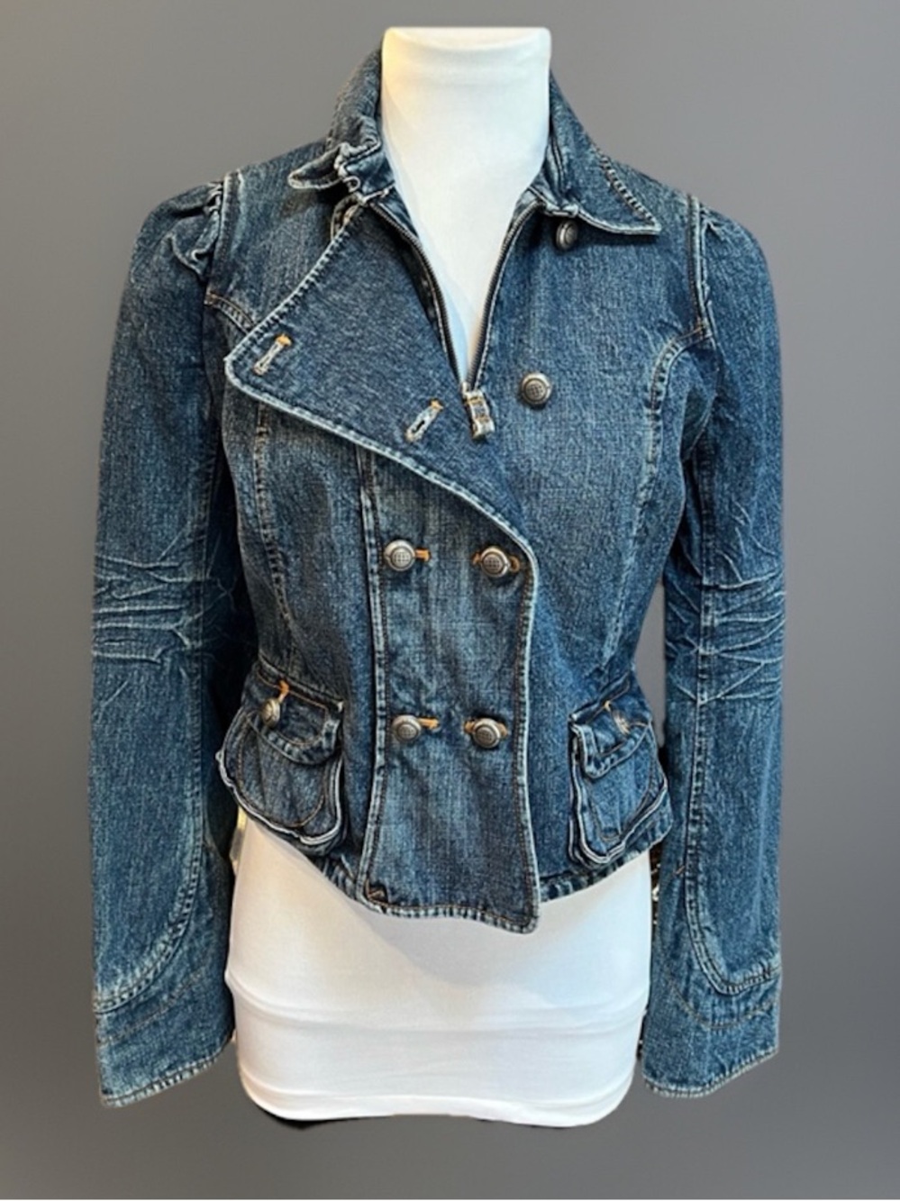 Double Breasted Peplum Back Denim Jean Jacket